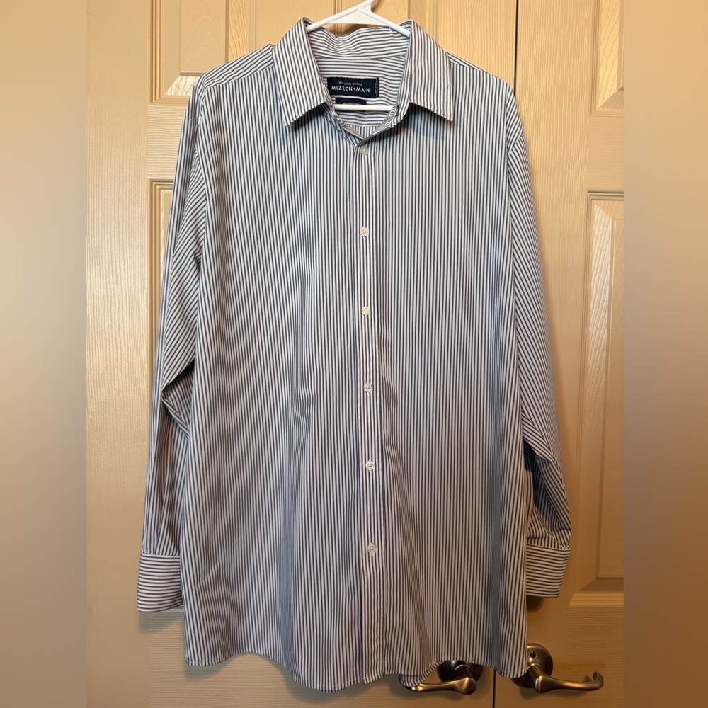 Mizzen+Main Dress Shirt Mens XXL Trim Fit Performance Leeward Blue Label Striped